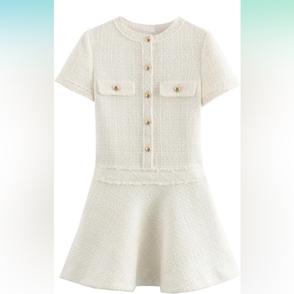 Boucle tweed white cream dress